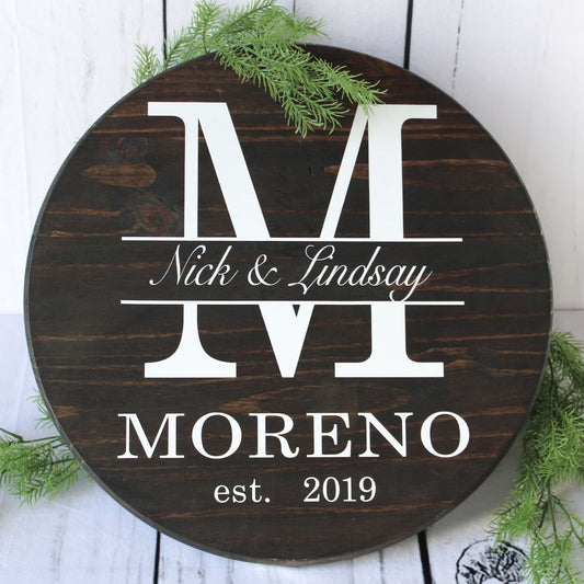 Personalized Round Monogram Wood Sign Wedding & Anniversary Gift - Custom Home Decor