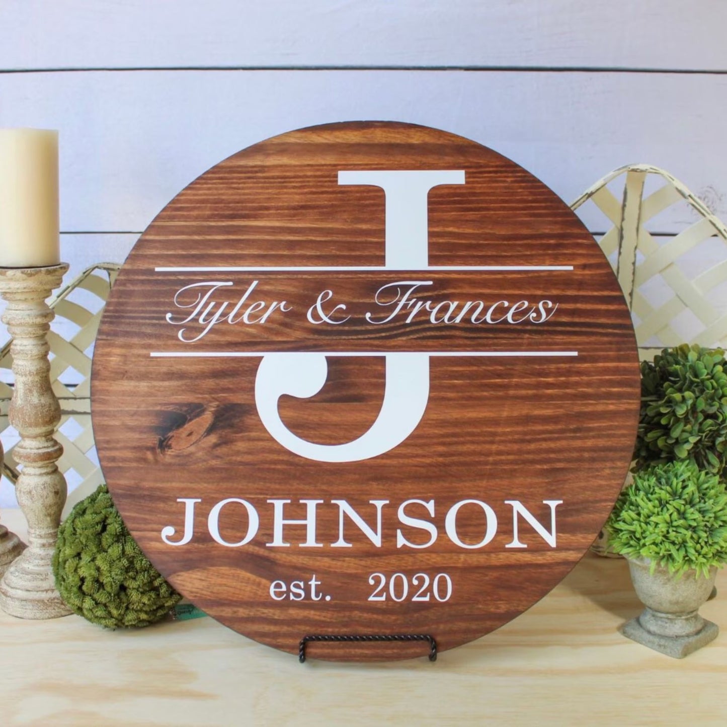 Personalized Round Monogram Wood Sign Wedding & Anniversary Gift - Custom Home Decor