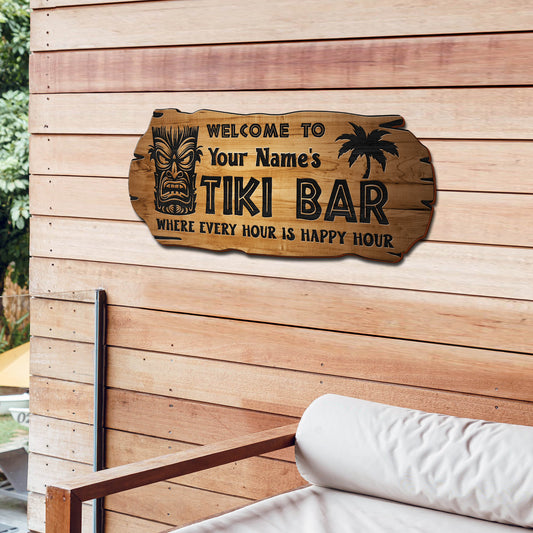 Personalized Tiki Bar Wooden Sign Where Every Hour Is Happy Hour Tiki Sign Patio Decor