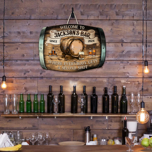 Personalized Wood Barrel Wooden Sign Where Everybody Gets A Second Shot Bar Sign Bourbon Bar Decor