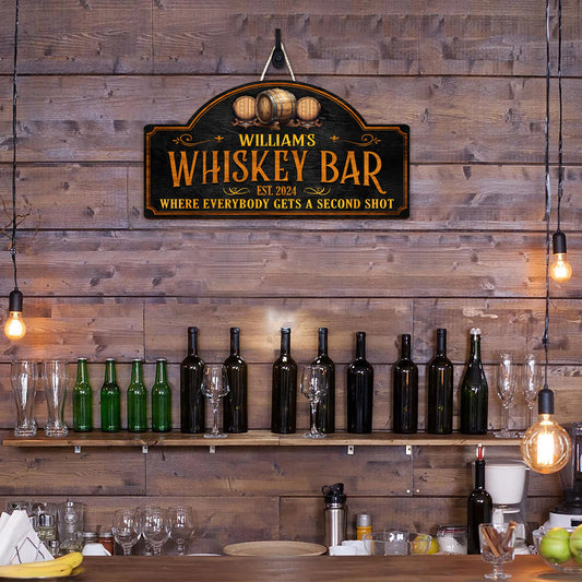 Personalized Whiskey Bar Wooden Sign Where Everybody Gets A Second Shot Bourbon Bar Sign Men Cave Decor